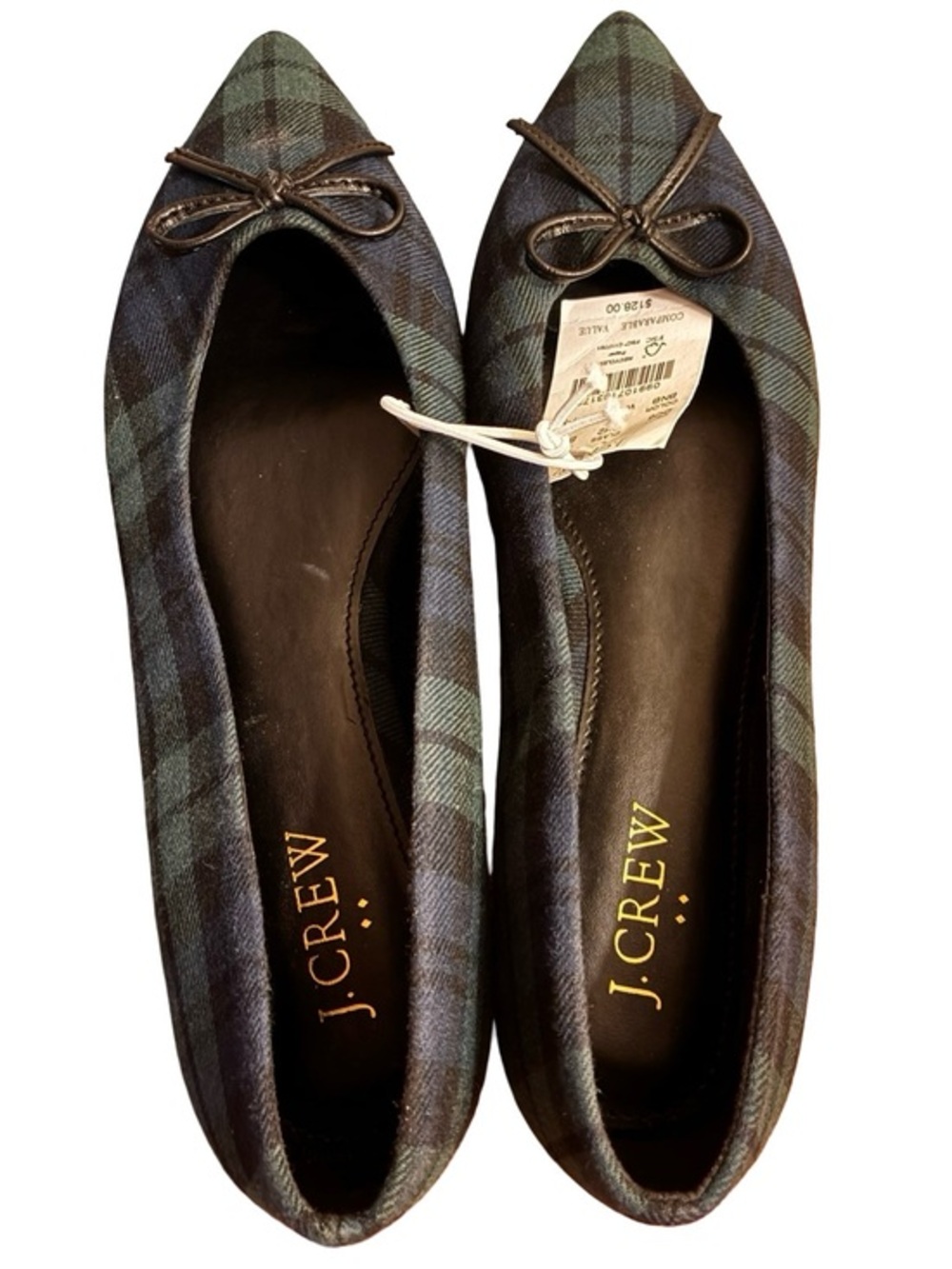 NWT J. CREW Plaid Pointed-Toe Ballet Flats in Green/Blue, Size 7.